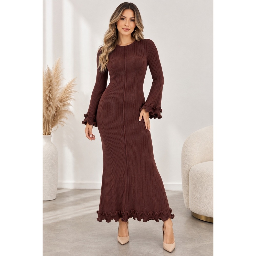Commense Semi-Sheer Ruffle Knit Maxi Dress High Stretch Slim Fit size L NWT